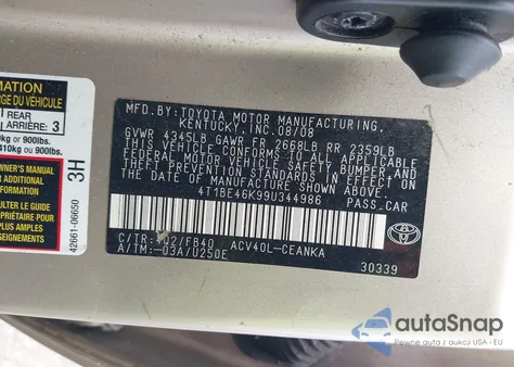 2009 Toyota Camry Le из США, поврежденный, VIN 4T1BE46K99U344986